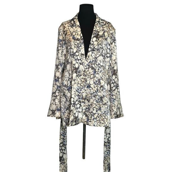 Forever 21 blue cream print long sleeves belted blazer coat size Medium - Picture 13 of 14